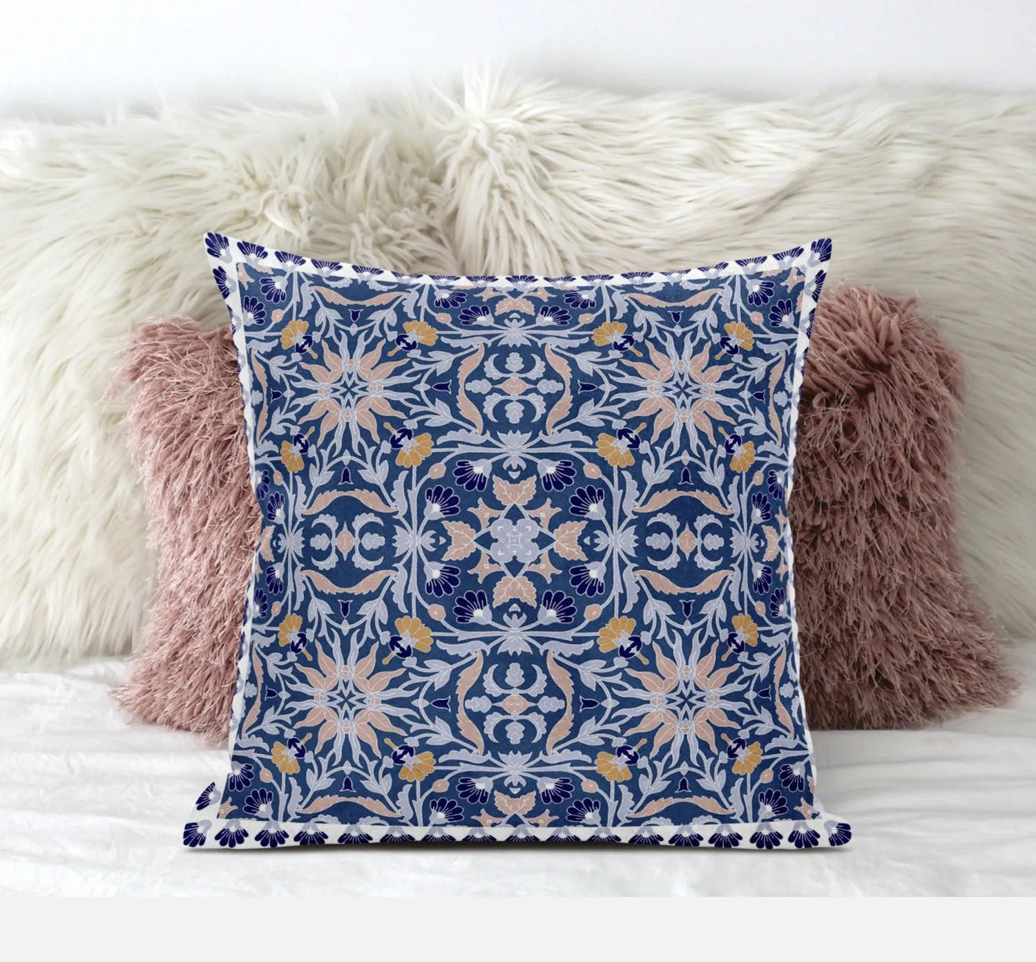 16” Blue Pink Paisley Zippered Suede Throw Pillow