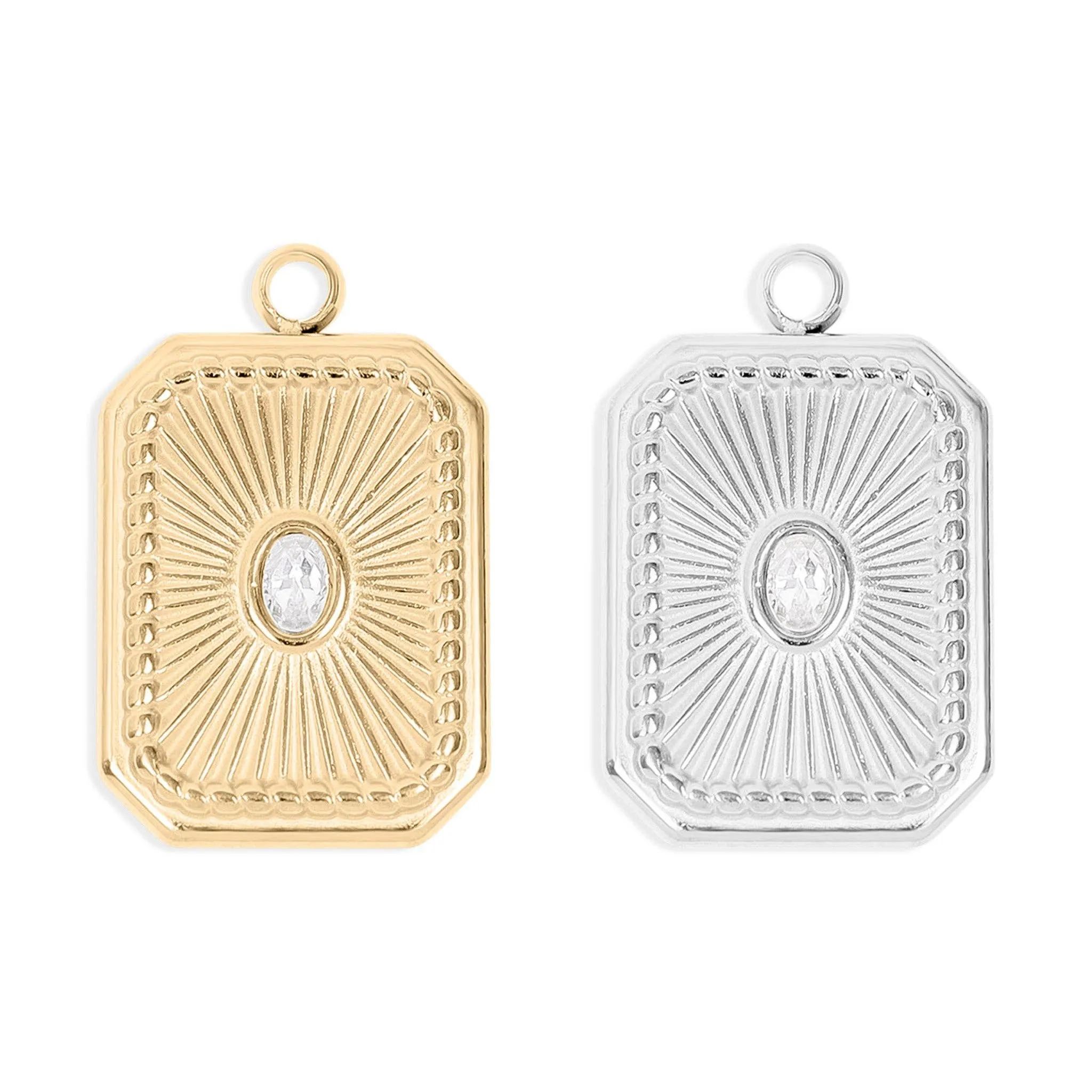18K Gold PVD Stainless Steel Rectangle Sunburst Crystal Charm