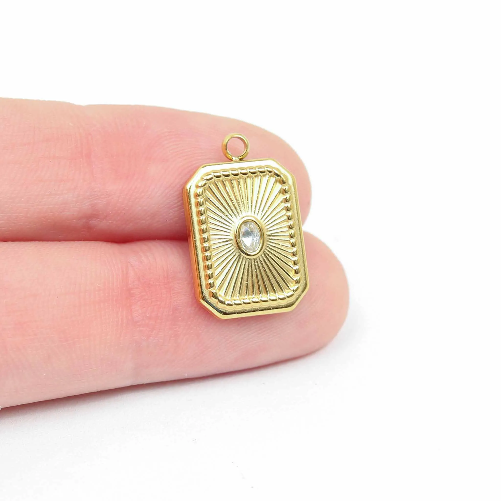 18K Gold PVD Stainless Steel Rectangle Sunburst Crystal Charm