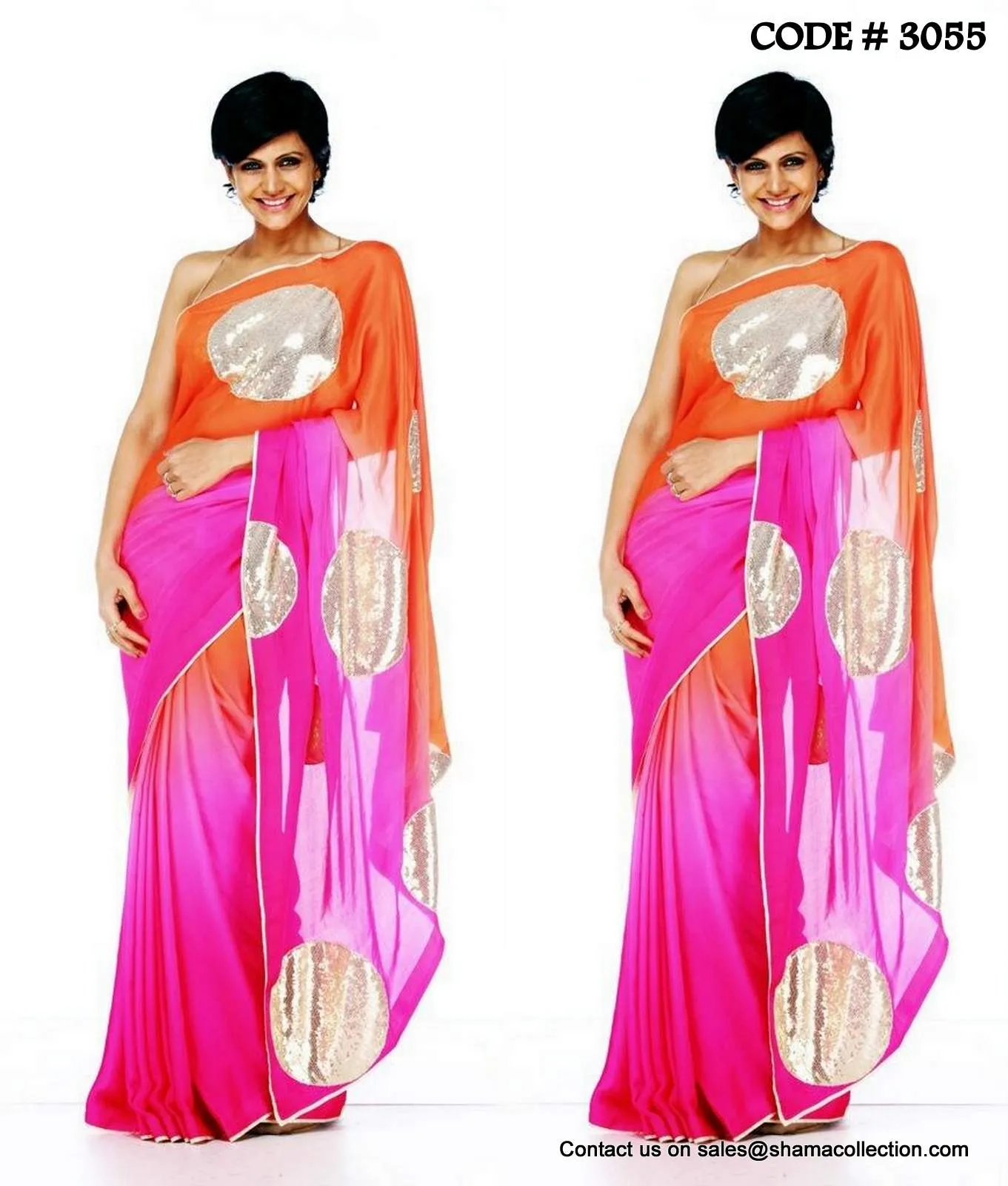 3055 Mandira Bedi's pink and orange saree outfit set