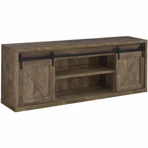 71-Inch 3-Shelf Sliding Doors TV Console in Rustic Oak