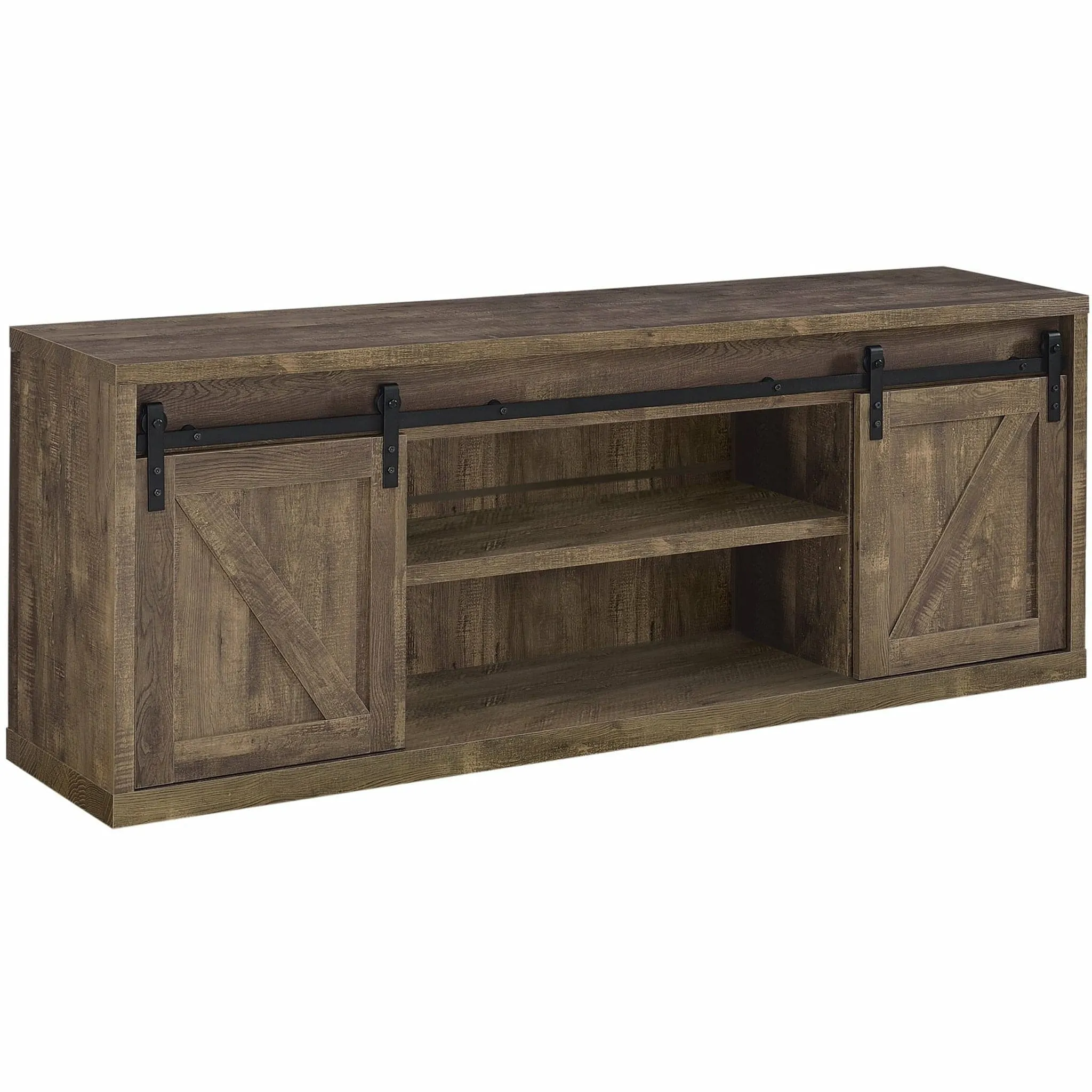71-Inch 3-Shelf Sliding Doors TV Console in Rustic Oak