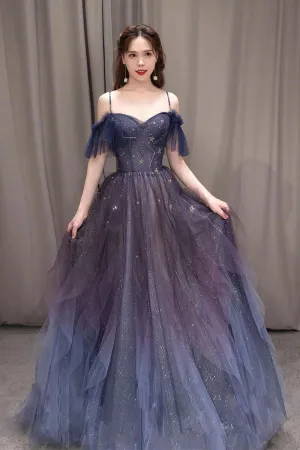 A-line Dark Purple Ombre Tulle Evening Party Dresses Long Prom Dresses