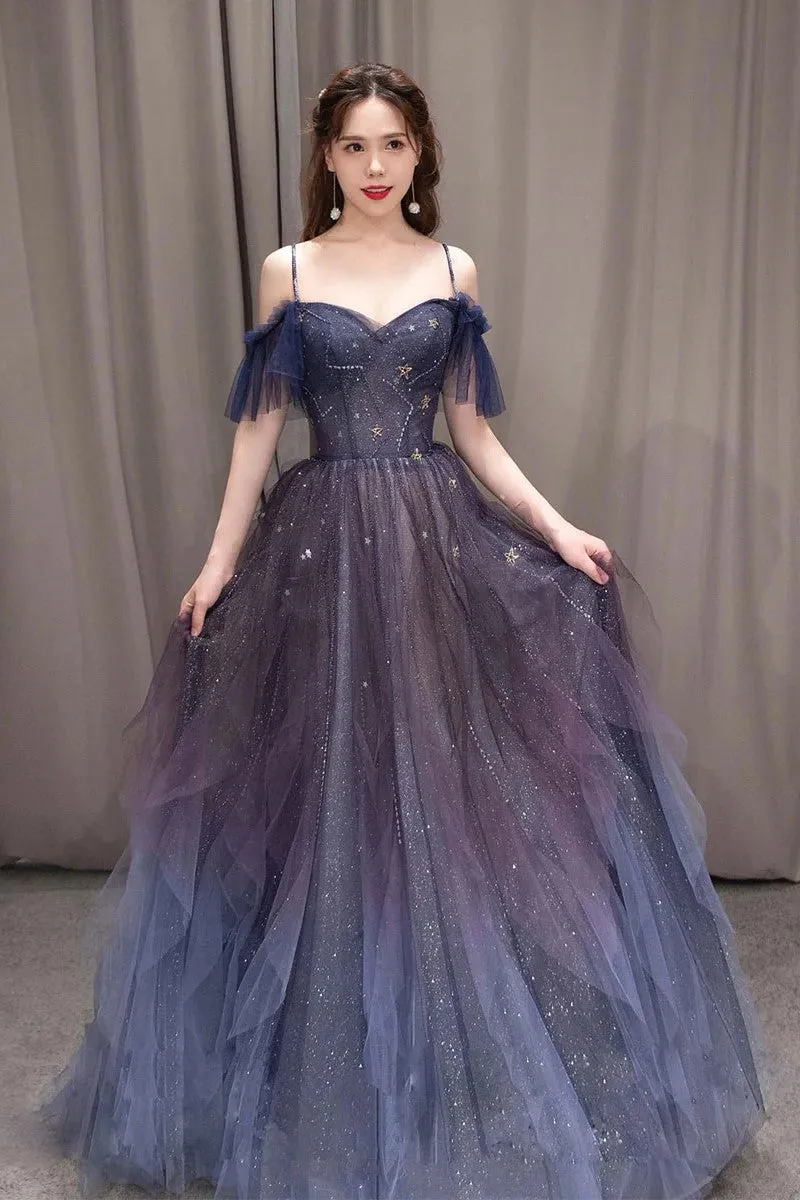 A-line Dark Purple Ombre Tulle Evening Party Dresses Long Prom Dresses