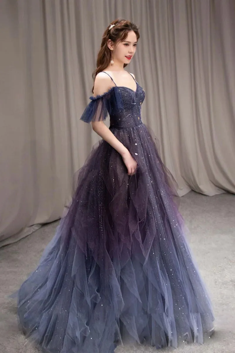 A-line Dark Purple Ombre Tulle Evening Party Dresses Long Prom Dresses
