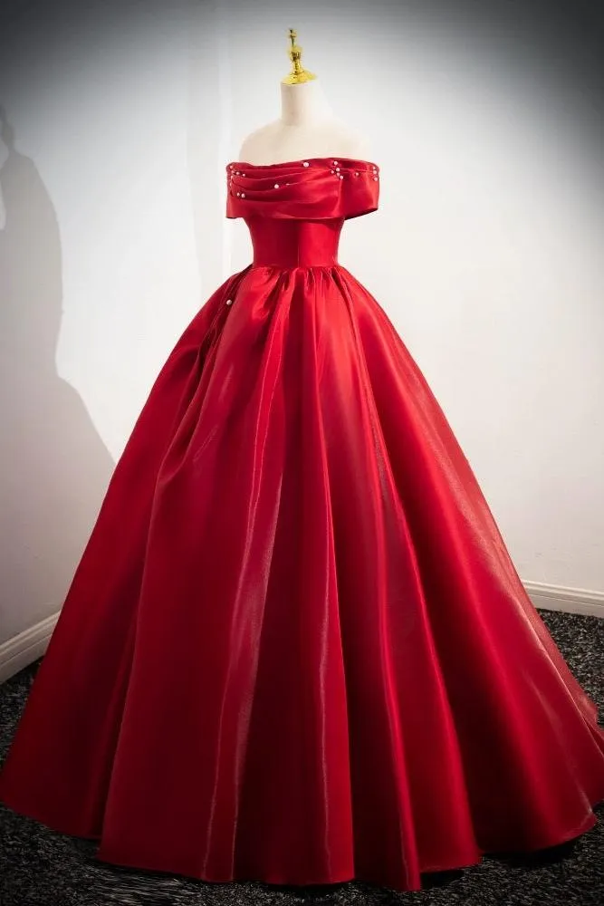A Line Prom Dress Off the Shoulder Satin Red Long Evening Dress