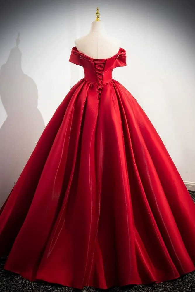 A Line Prom Dress Off the Shoulder Satin Red Long Evening Dress
