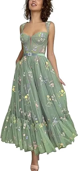 A-line Sleeveless Prom Dress Flower Embroidery Tulle Tea Length Formal Evening Party Gowns