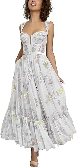 A-line Sleeveless Prom Dress Flower Embroidery Tulle Tea Length Formal Evening Party Gowns