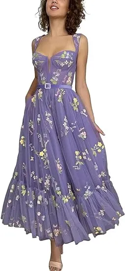 A-line Sleeveless Prom Dress Flower Embroidery Tulle Tea Length Formal Evening Party Gowns