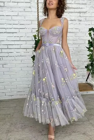 A-line Sleeveless Prom Dress Flower Embroidery Tulle Tea Length Formal Evening Party Gowns
