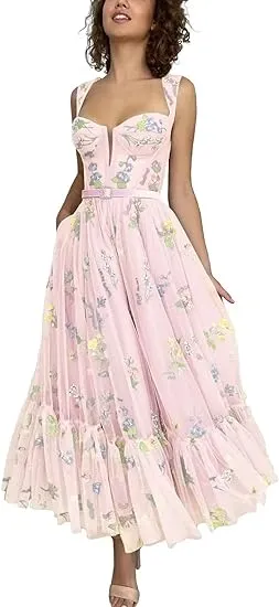A-line Sleeveless Prom Dress Flower Embroidery Tulle Tea Length Formal Evening Party Gowns