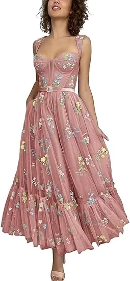 A-line Sleeveless Prom Dress Flower Embroidery Tulle Tea Length Formal Evening Party Gowns