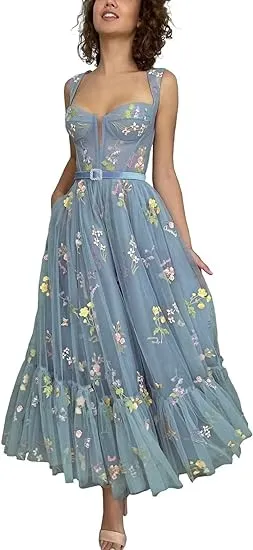 A-line Sleeveless Prom Dress Flower Embroidery Tulle Tea Length Formal Evening Party Gowns