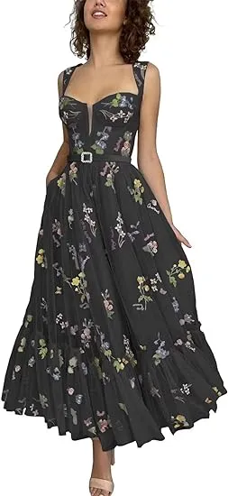 A-line Sleeveless Prom Dress Flower Embroidery Tulle Tea Length Formal Evening Party Gowns
