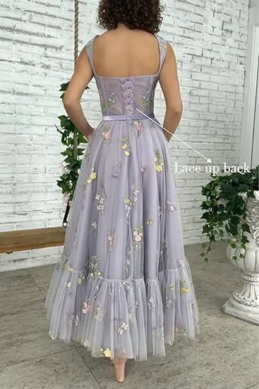 A-line Sleeveless Prom Dress Flower Embroidery Tulle Tea Length Formal Evening Party Gowns