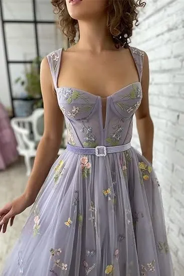 A-line Sleeveless Prom Dress Flower Embroidery Tulle Tea Length Formal Evening Party Gowns