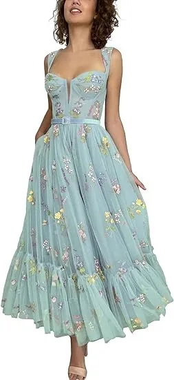 A-line Sleeveless Prom Dress Flower Embroidery Tulle Tea Length Formal Evening Party Gowns