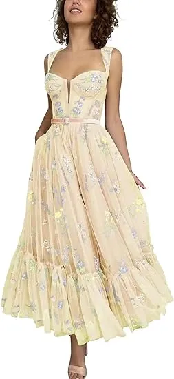 A-line Sleeveless Prom Dress Flower Embroidery Tulle Tea Length Formal Evening Party Gowns