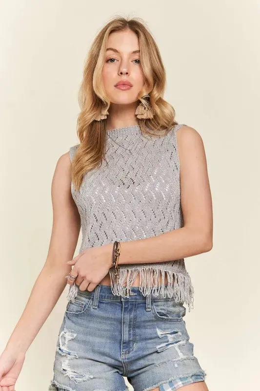 ADORA Fringe Hem Lurex Crochet Vest Top