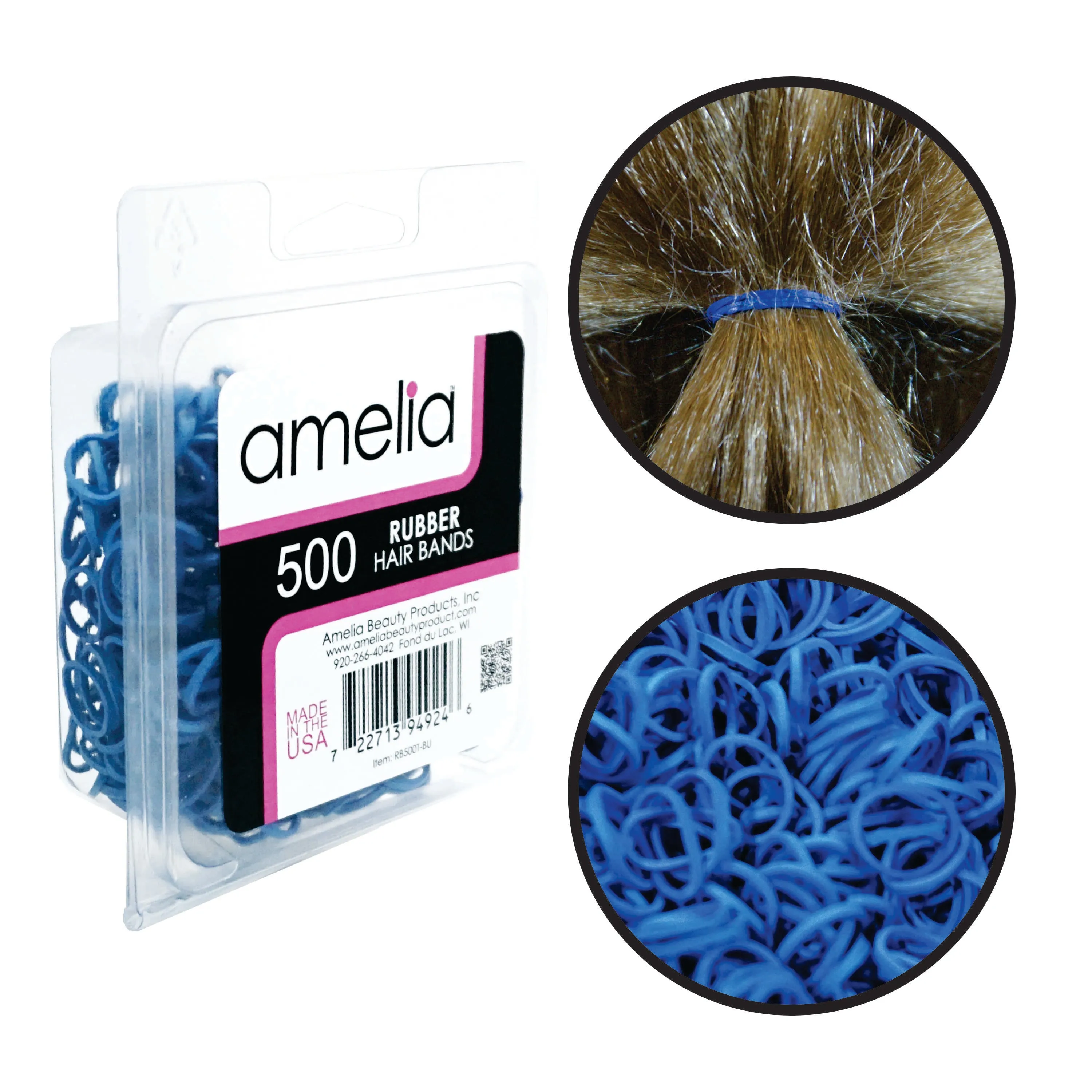 Amelia Beauty | 1/2in, Blue, Elastic Rubber Band Pony Tail Holders | Made in USA, Ideal for Ponytails, Braids, Twists, Dreadlocks, Styling Accessories for Women, Men and Girls | 500 Pack