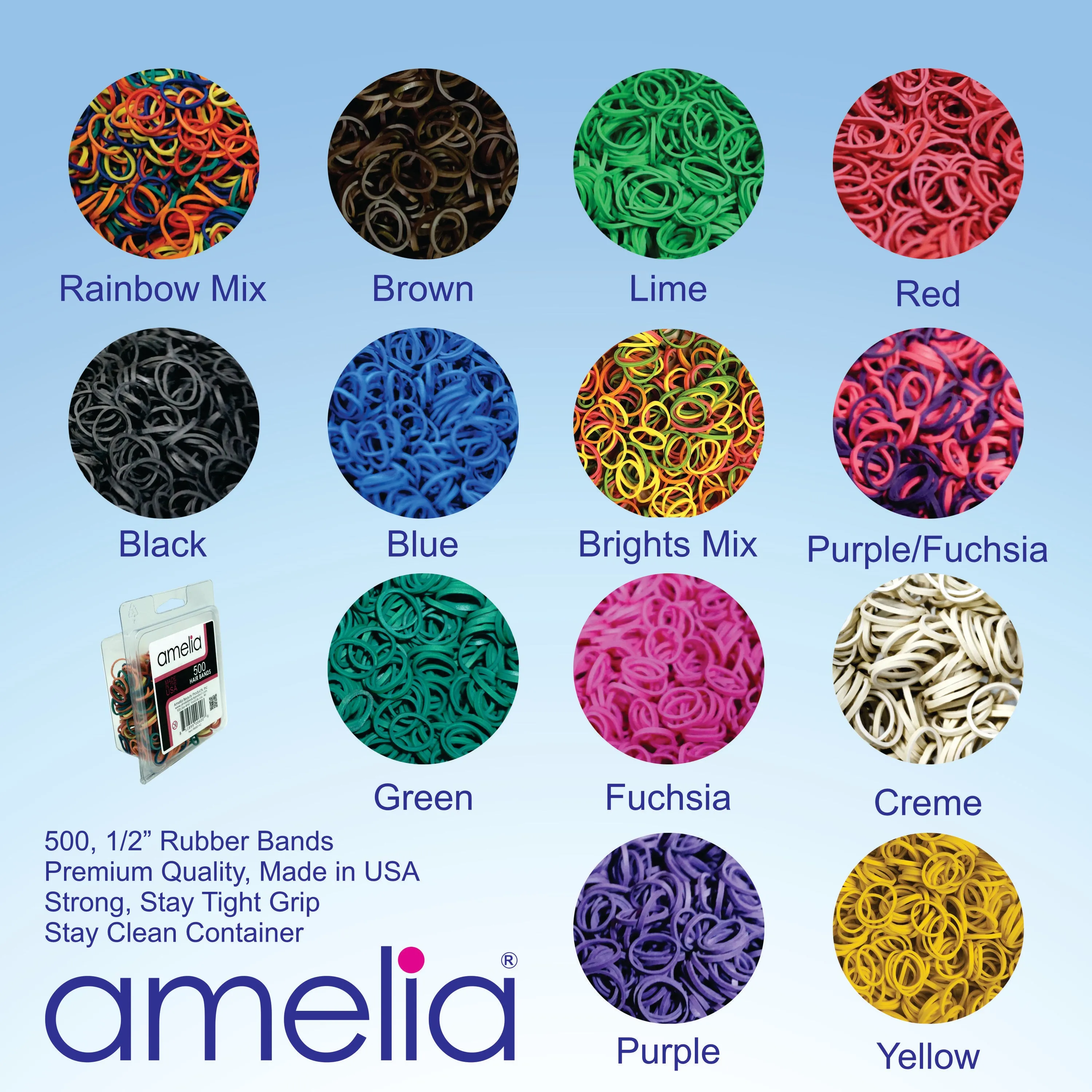 Amelia Beauty | 1/2in, Blue, Elastic Rubber Band Pony Tail Holders | Made in USA, Ideal for Ponytails, Braids, Twists, Dreadlocks, Styling Accessories for Women, Men and Girls | 500 Pack