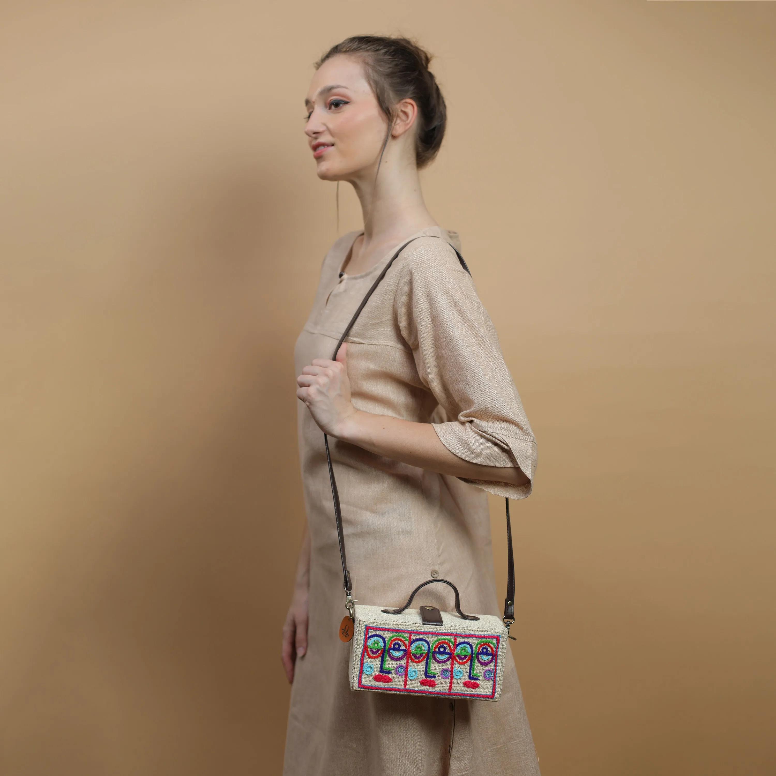 Anokhi Brown hand embroidered clutch bag teal (jute bag)