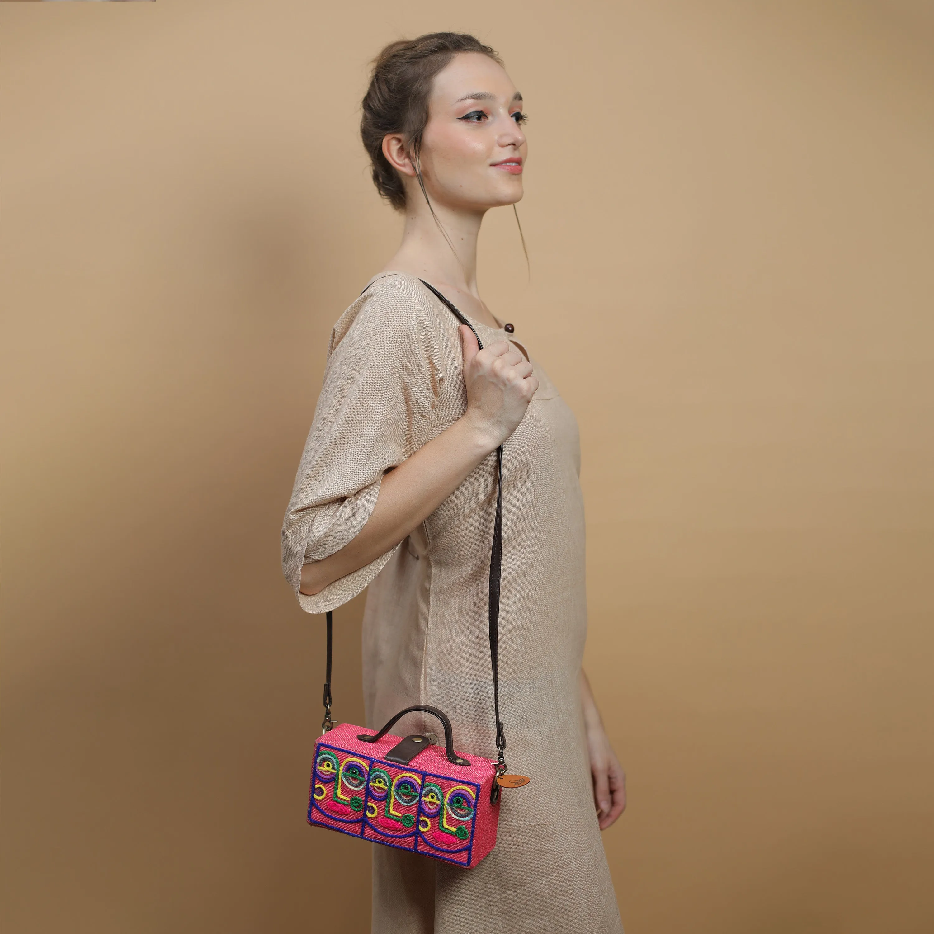 Anokhi Brown hand embroidered clutch bag teal (jute bag)