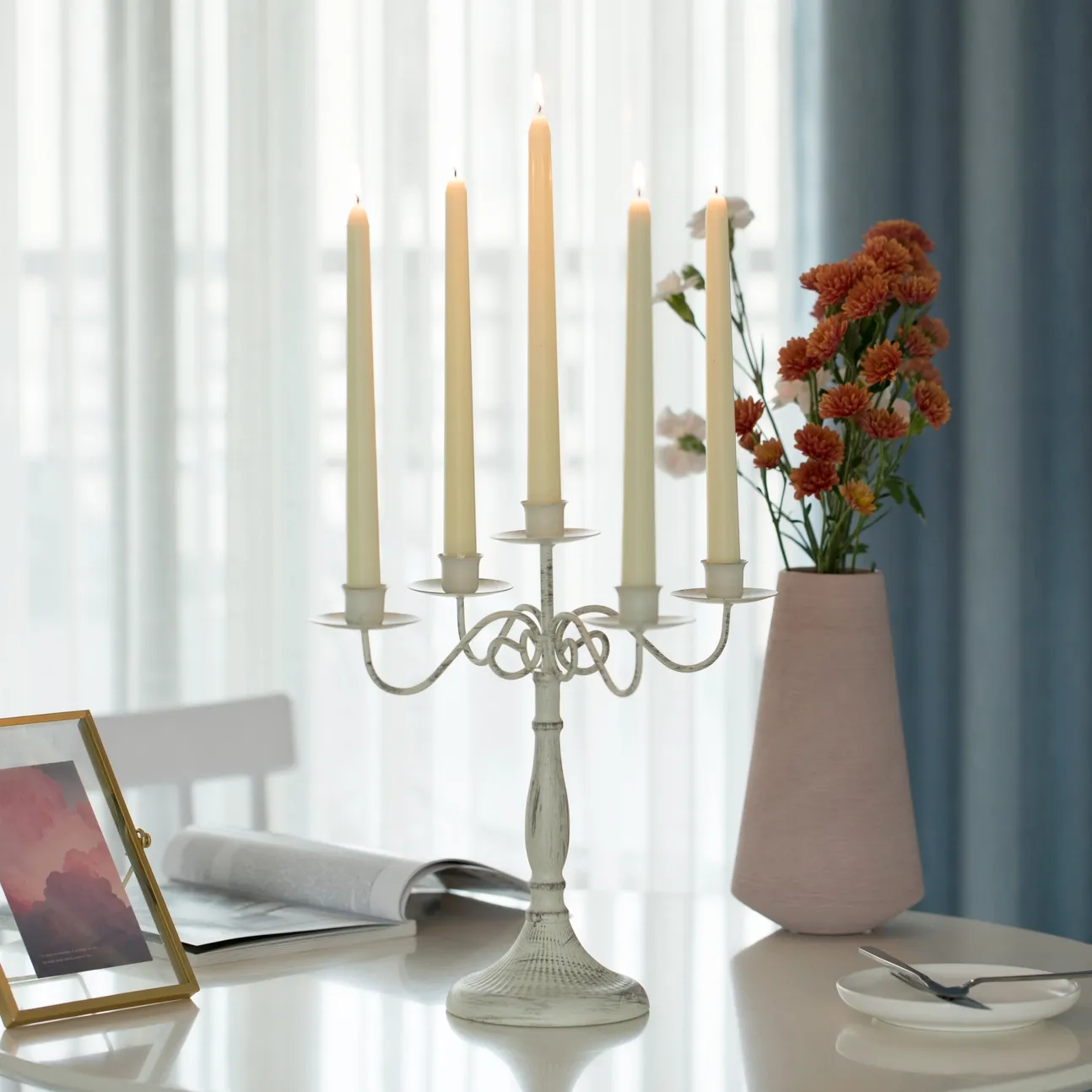 Antique white distressed metal candelabra