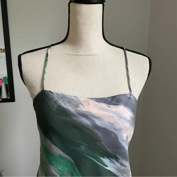 Banana Republic Marbled Satin Slip Midi Dress size Small Green Gray 70s Retro