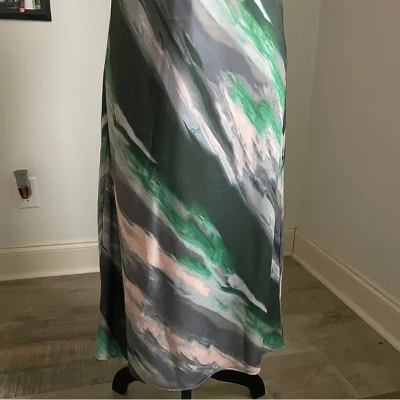 Banana Republic Marbled Satin Slip Midi Dress size Small Green Gray 70s Retro