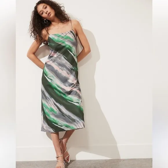 Banana Republic Marbled Satin Slip Midi Dress size Small Green Gray 70s Retro