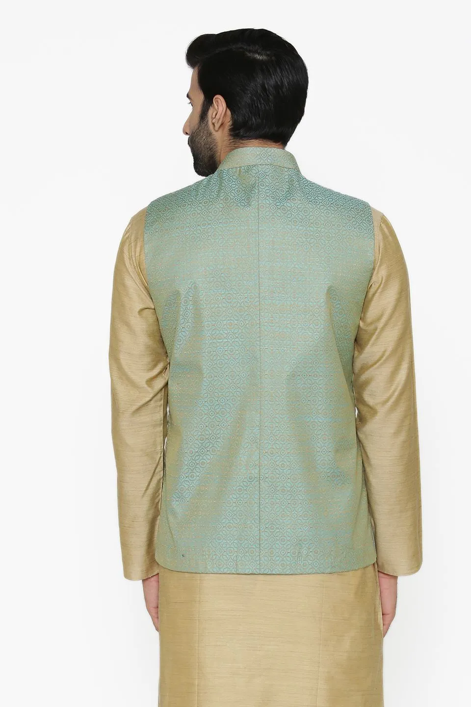 Banarasi Art Silk Cotton Blend Blue Modi Nehru Jacket