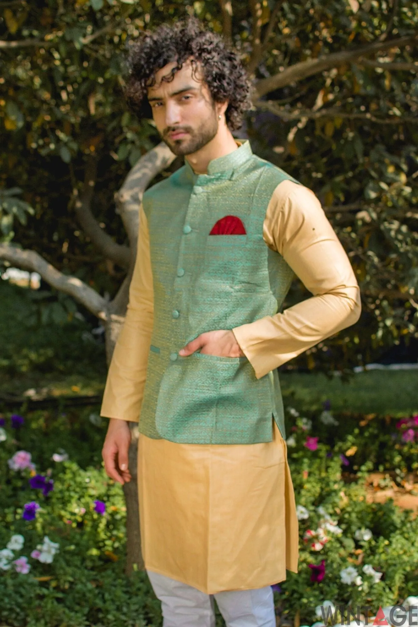 Banarasi Art Silk Cotton Blend Blue Modi Nehru Jacket