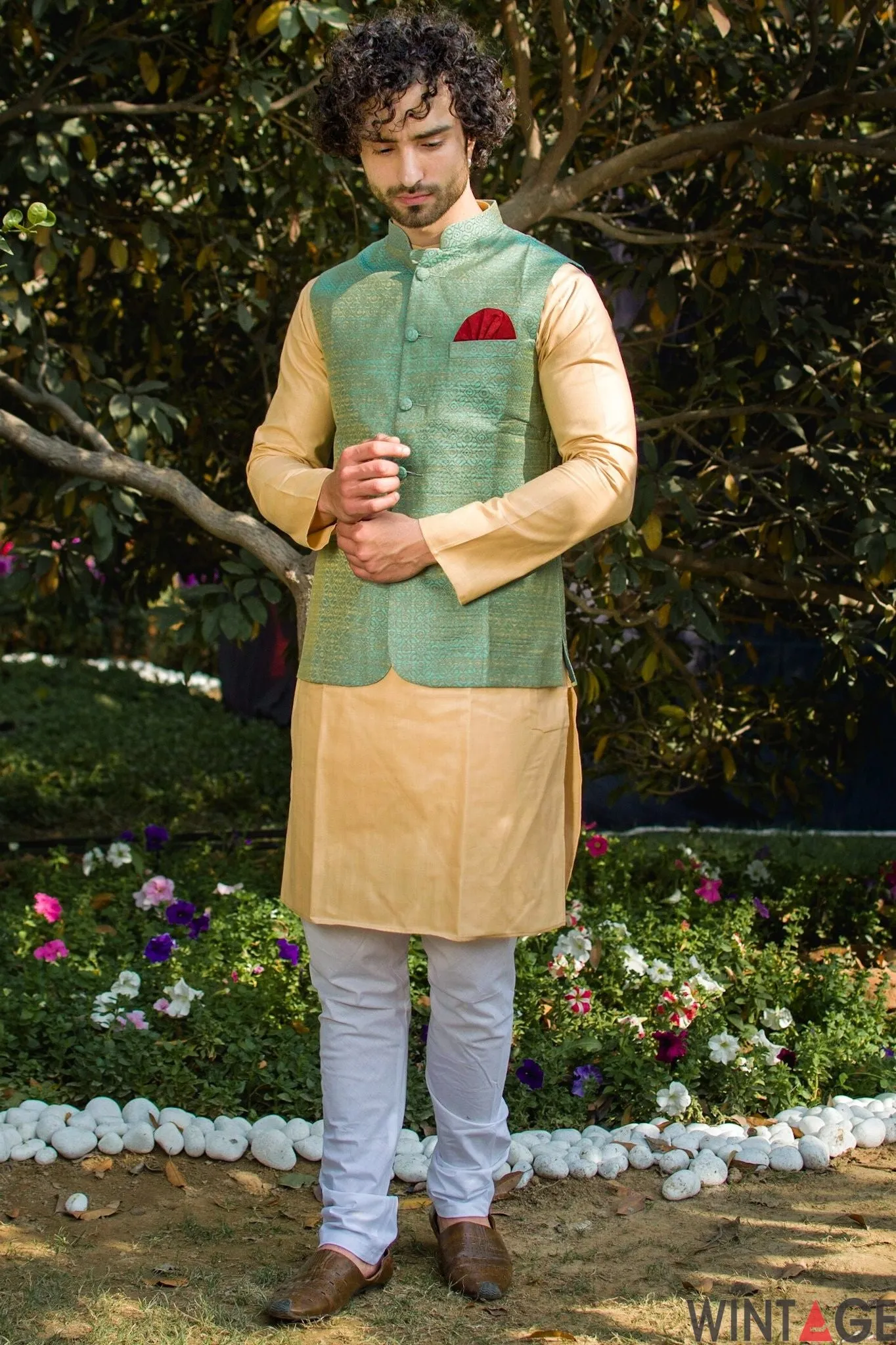 Banarasi Art Silk Cotton Blend Blue Modi Nehru Jacket