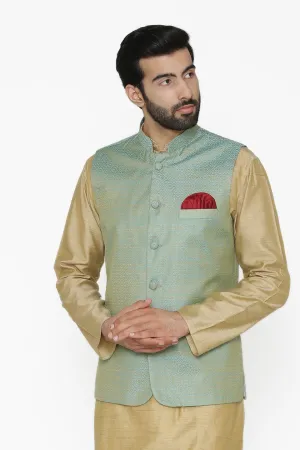 Banarasi Art Silk Cotton Blend Blue Modi Nehru Jacket