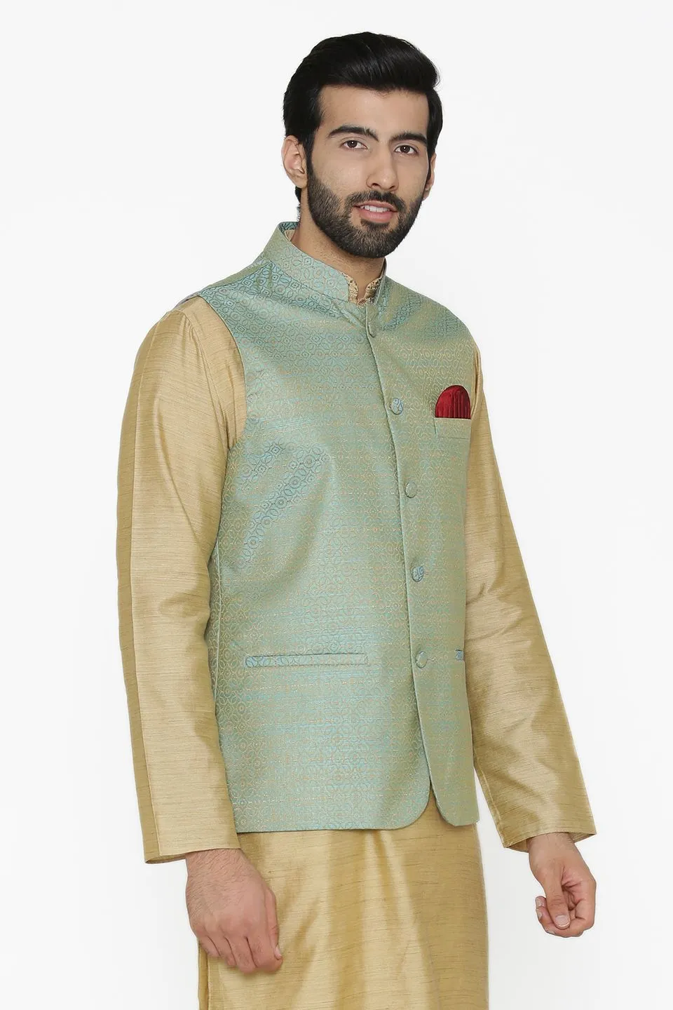 Banarasi Art Silk Cotton Blend Blue Modi Nehru Jacket