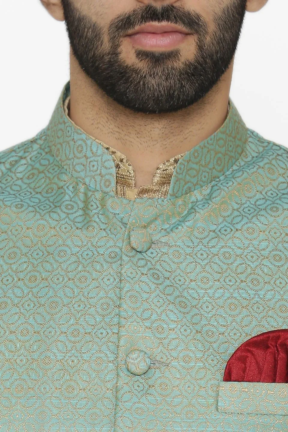 Banarasi Art Silk Cotton Blend Blue Modi Nehru Jacket