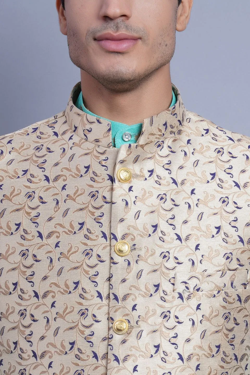 Banarasi Rayon Cotton Beige Modi Nehru Jacket