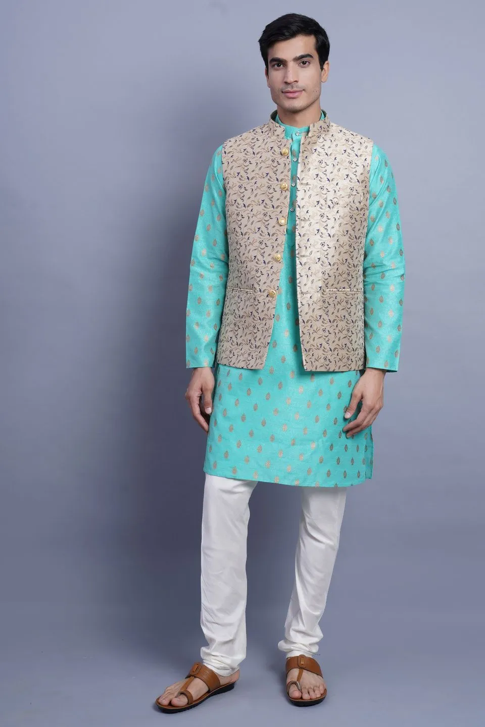 Banarasi Rayon Cotton Beige Modi Nehru Jacket