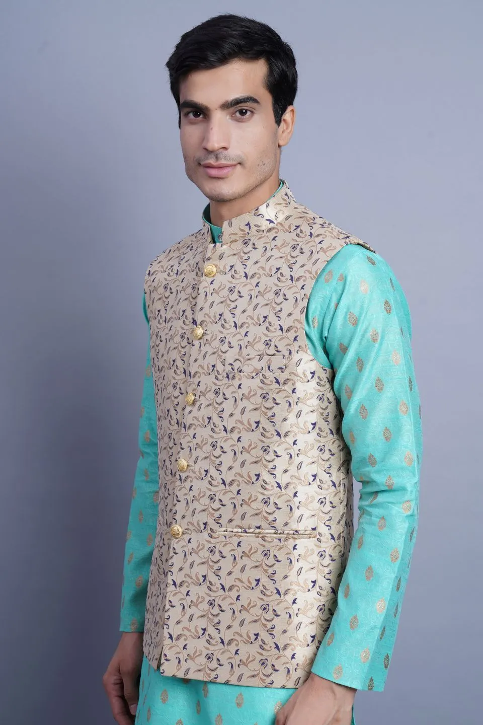 Banarasi Rayon Cotton Beige Modi Nehru Jacket
