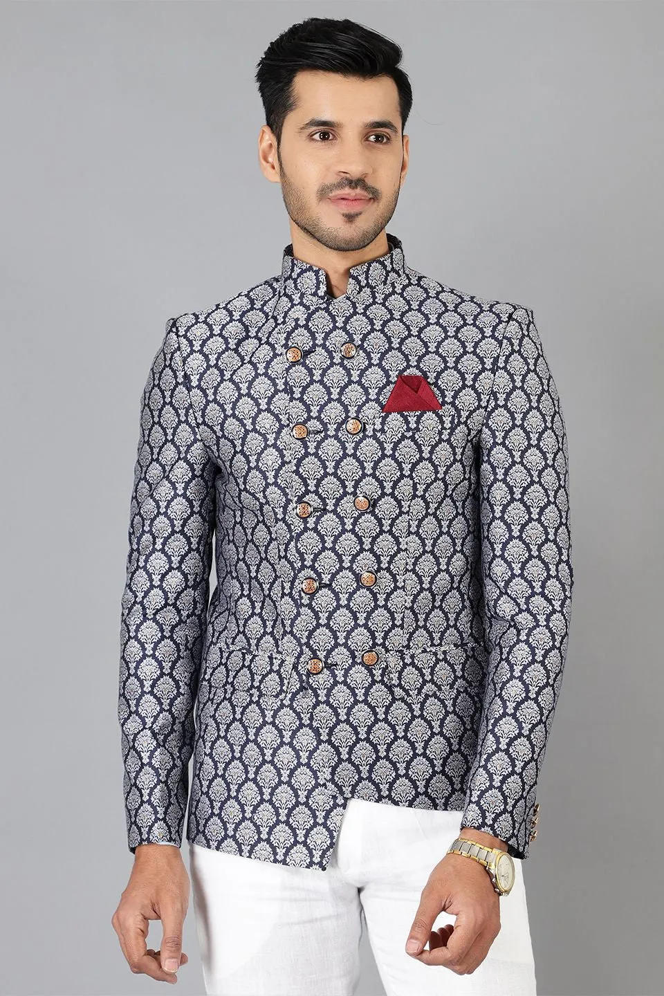 Banarasi Rayon Cotton Blue Bandhgala