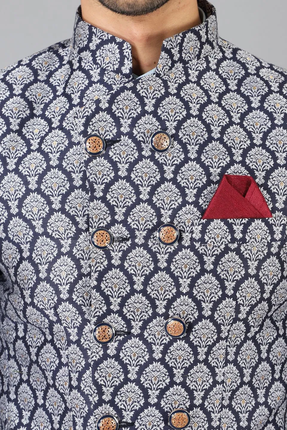 Banarasi Rayon Cotton Blue Bandhgala
