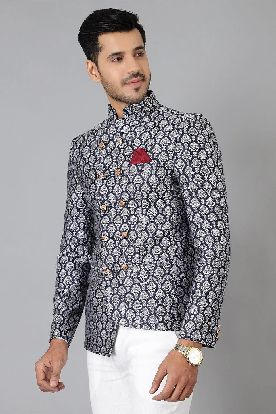 Banarasi Rayon Cotton Blue Bandhgala