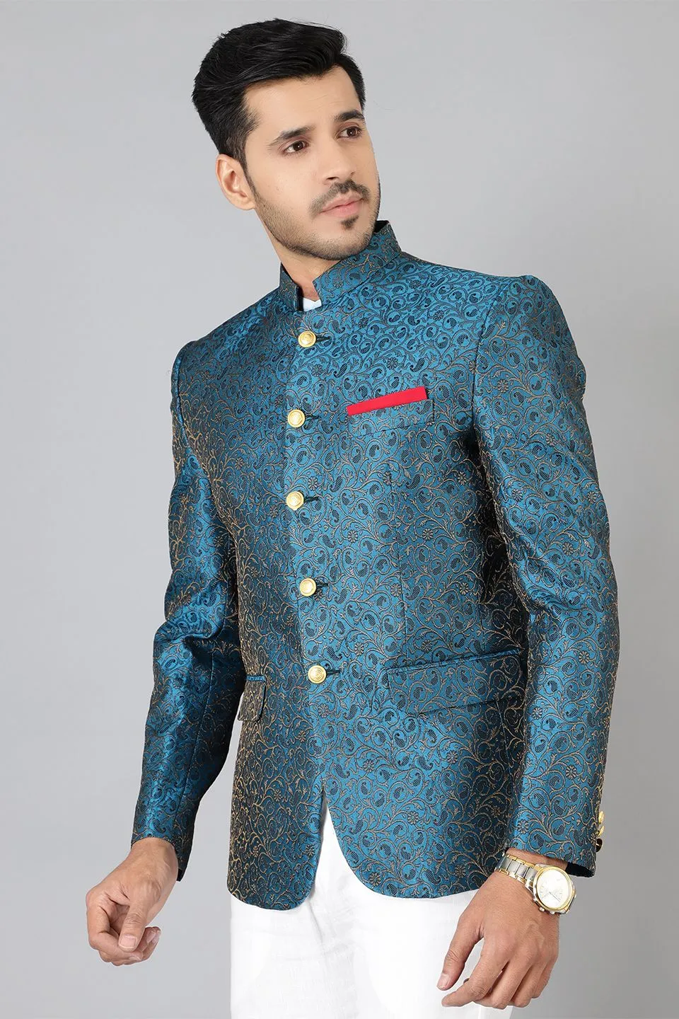 Banarasi Rayon Cotton Green  Bandhgala