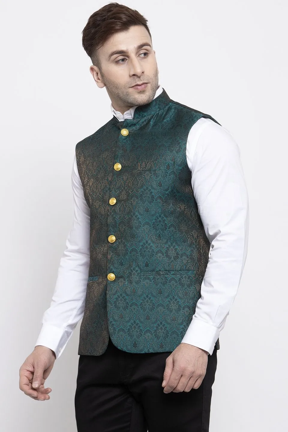 Banarasi Rayon Cotton Green Modi Nehru Jacket