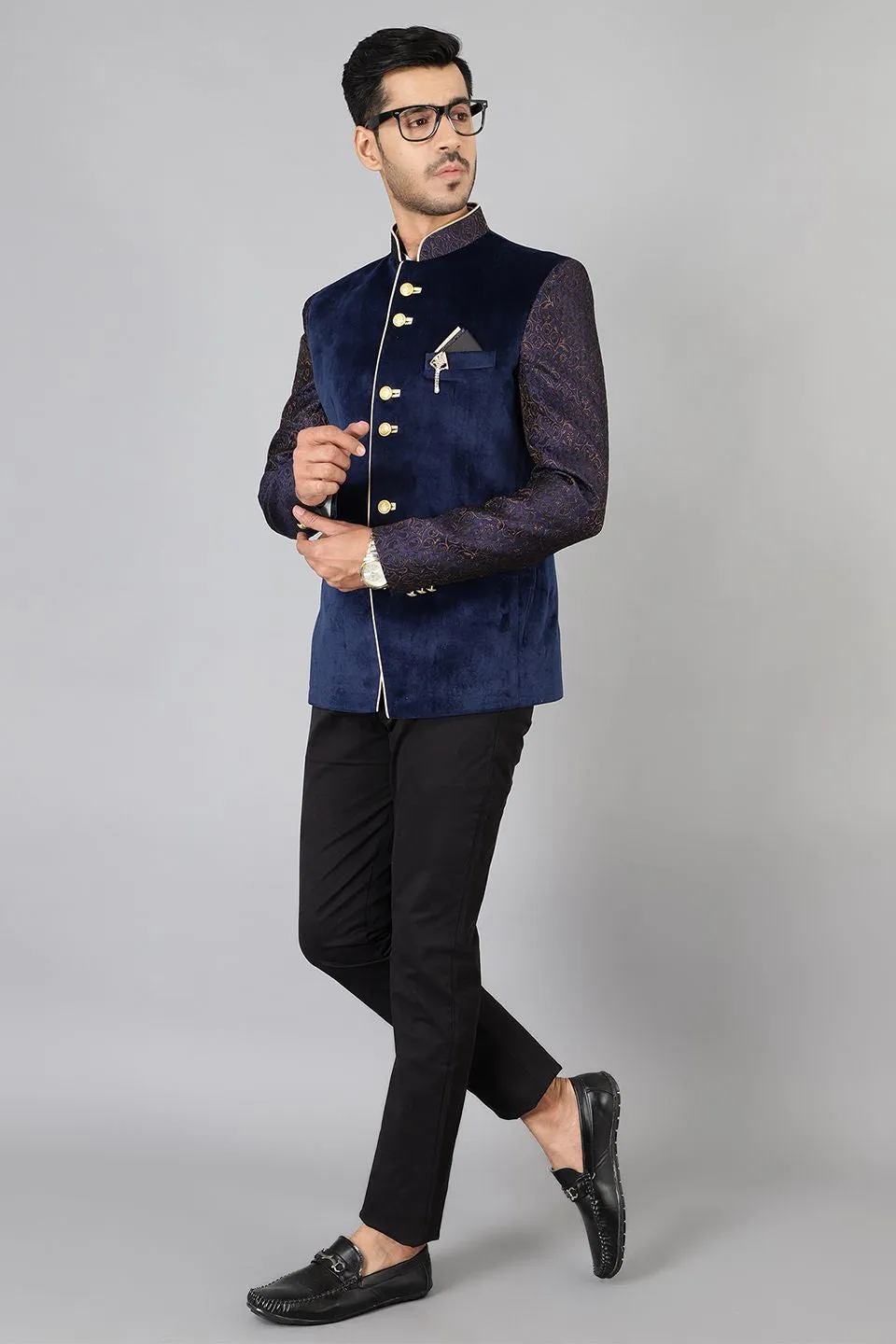 Banarasi Rayon Cotton Velvet Blue Bandhgala