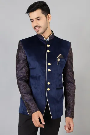 Banarasi Rayon Cotton Velvet Blue Bandhgala