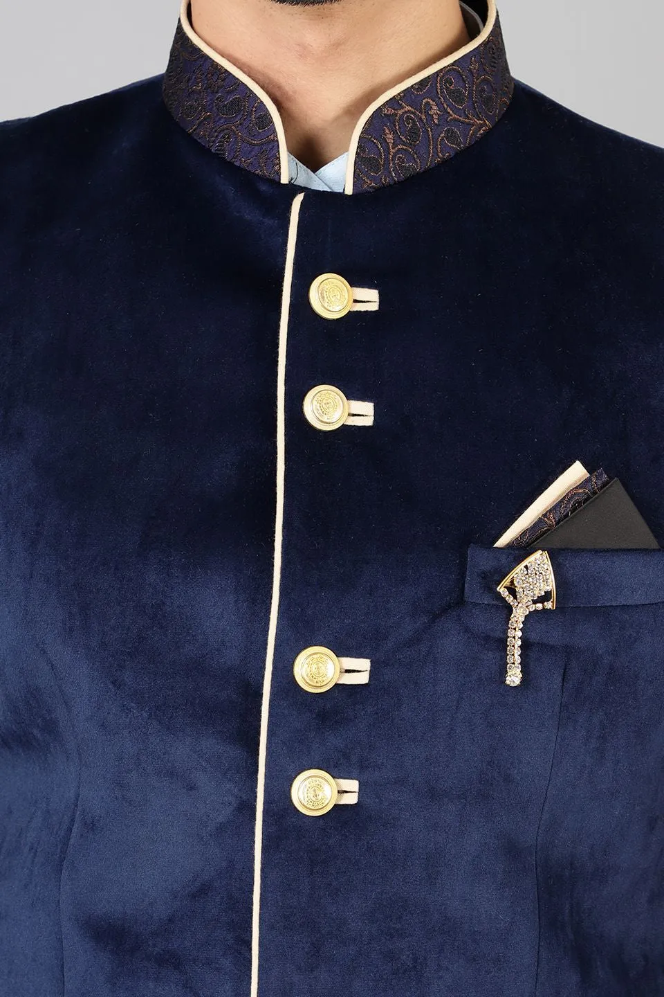 Banarasi Rayon Cotton Velvet Blue Bandhgala