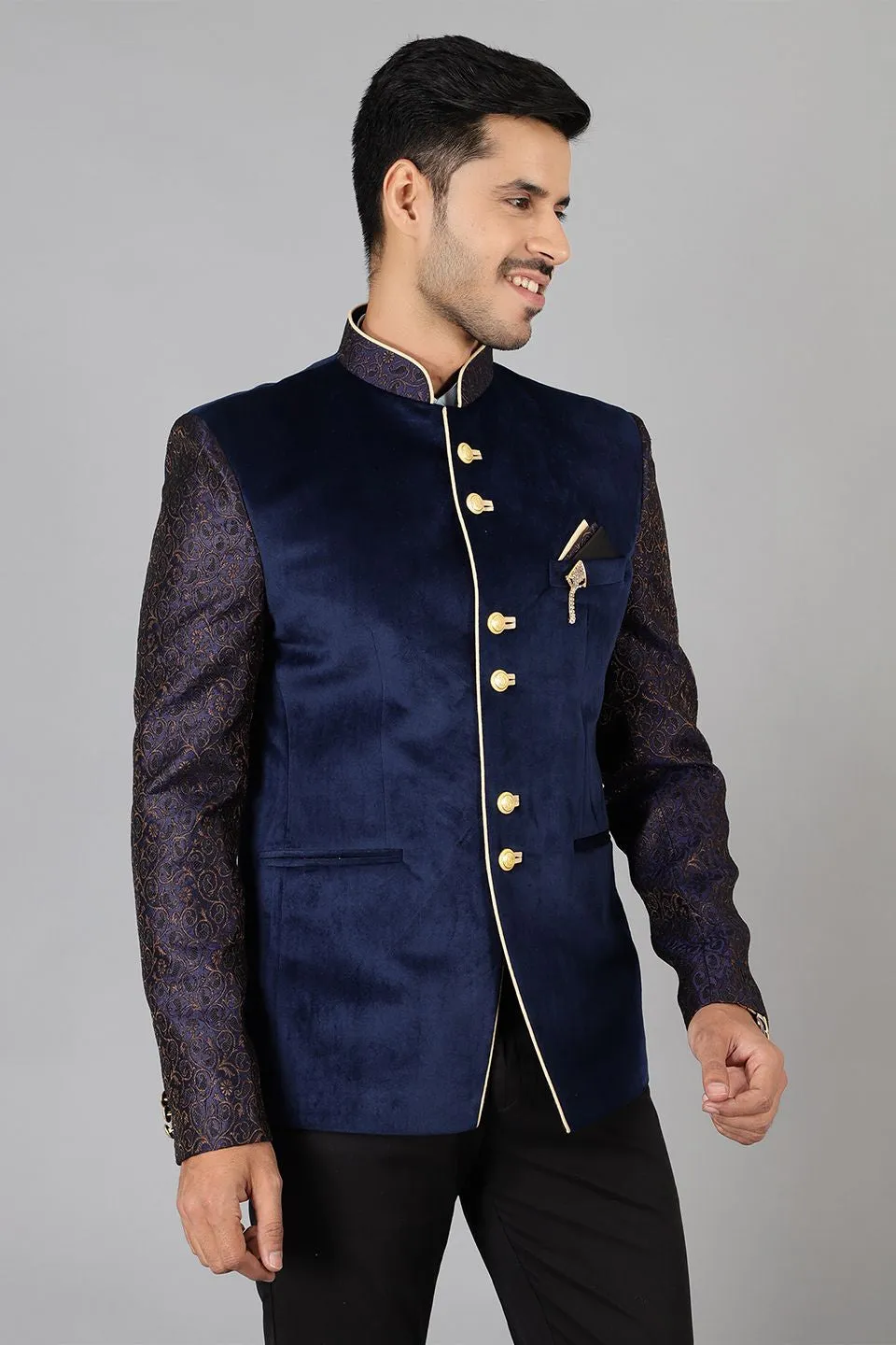 Banarasi Rayon Cotton Velvet Blue Bandhgala